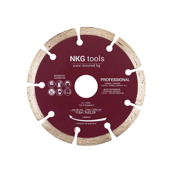 Диамантен диск, NKG, За бетон и камък, За сухо и мокро рязане, Сегментен, 115х1.7х22.23 mm