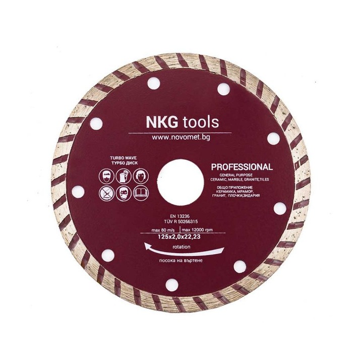 Диамантен диск, NKG, За бетон и камък, За сухо и мокро рязане, Turbo, 115х2.0х22.23 mm