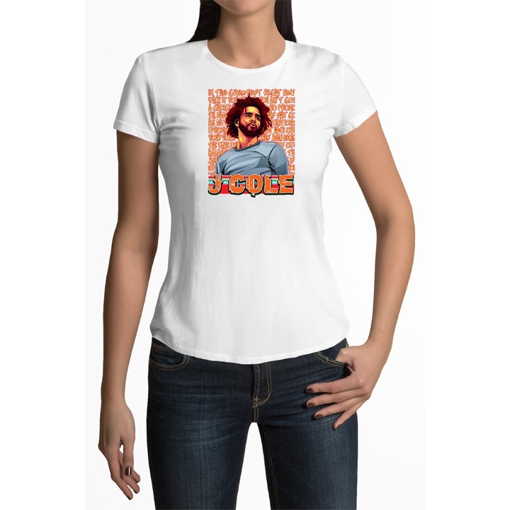 Tricou personalizat pentru dama cu imprimeu, J Cole, Bumbac, Alb, L