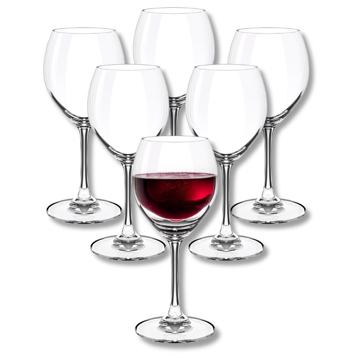 Set Pahare vin rosu, cristal, 6 piese, Crystalline, Sticla Transparenta, 490 ml, cu picior, pentru vin alb, prosecco, sampanie, Wilmax England