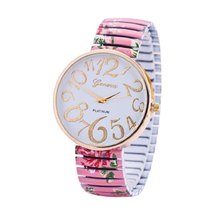 Ceas de mana dama, Geneva, Metal, Roz/Auriu/Alb