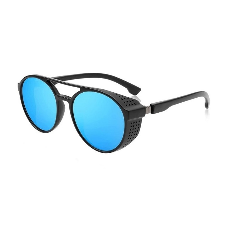 Слънчеви очила Hemera Lion HD 373, Disign 2023, Unisex, Олекотена рамка, HD поляризация, UV 400, перфориран страничен сенник, черна рамка огледални сини стъкла, комплект твърд кейс и кърпичка