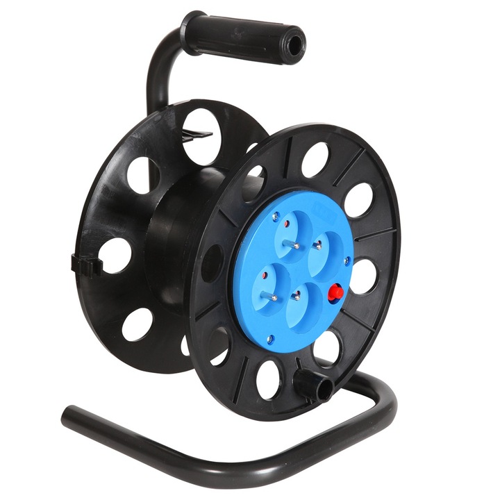 Bobina cu 4 prize 2P, KEL, Cu protectie termica, 250 V, Negru/Albastru