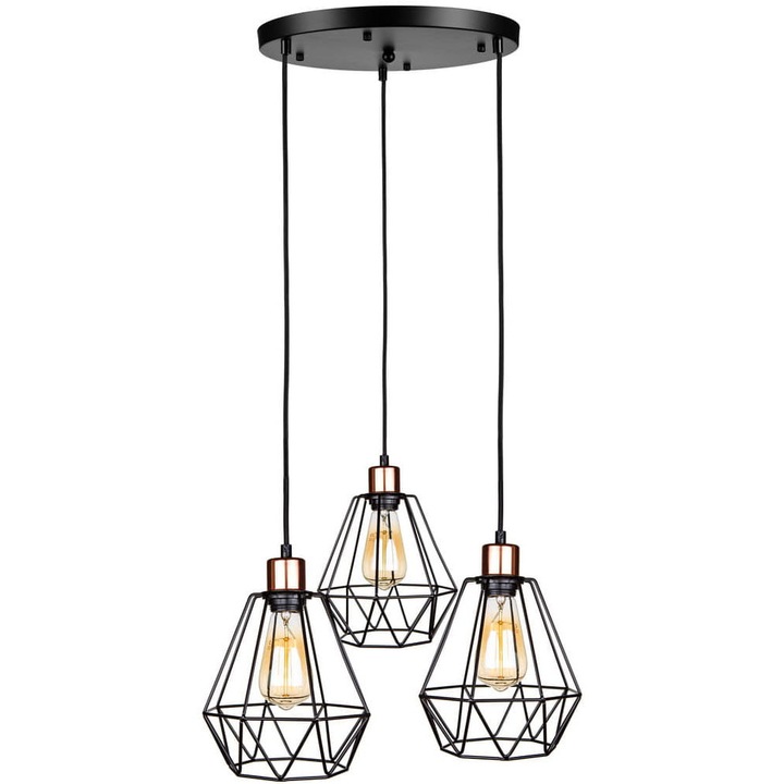 Set 3 lampi suspendate, Ledigo, Metal, E27, Negru