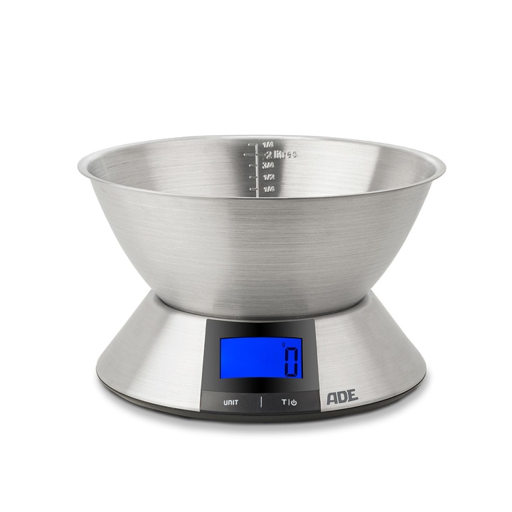 Cantar de bucatarie cu bol, ADE, Inox, Precizie 1 g, Capacitate 5 kg, 2.25 l, 24 x 15.5 cm, Argintiu