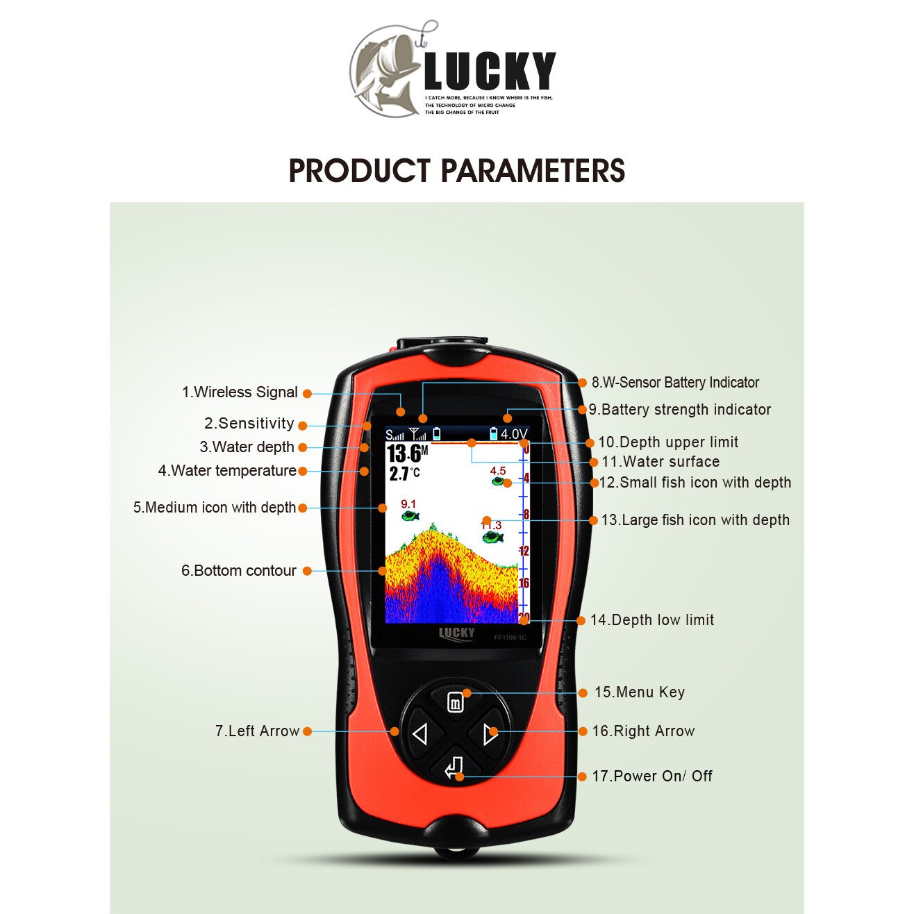 Сонар Lucky FF1108-1CWLA, Безжичен, За откриване на риба или дълбочина ...