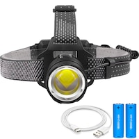 Lanterna puternica de cap FiGGA® LED XHP-160.2, 48000 lumeni, 1600 metri distanta, 5000K, 2 baterii reincarcabile de 18650 Li/3500 mAh, Profesionala, Frontala, Cablu de incarcare