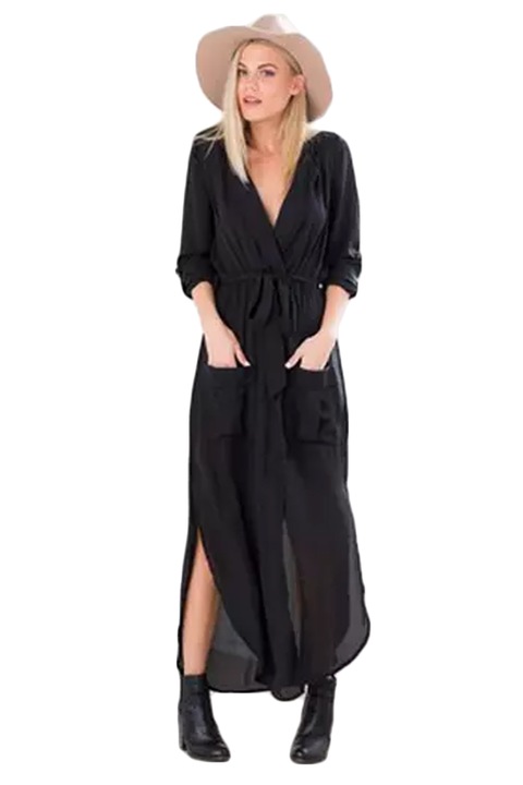 Rochie de dama, JUP, Poliester, tip halat, curea cravata, buzunare, Kaki, S, Negru