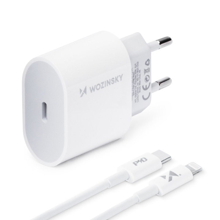 Wozinsky hálózati töltő, Gyors töltés, USB C, PD, 20W, USB C / Lightning kábel 1m, Fehér