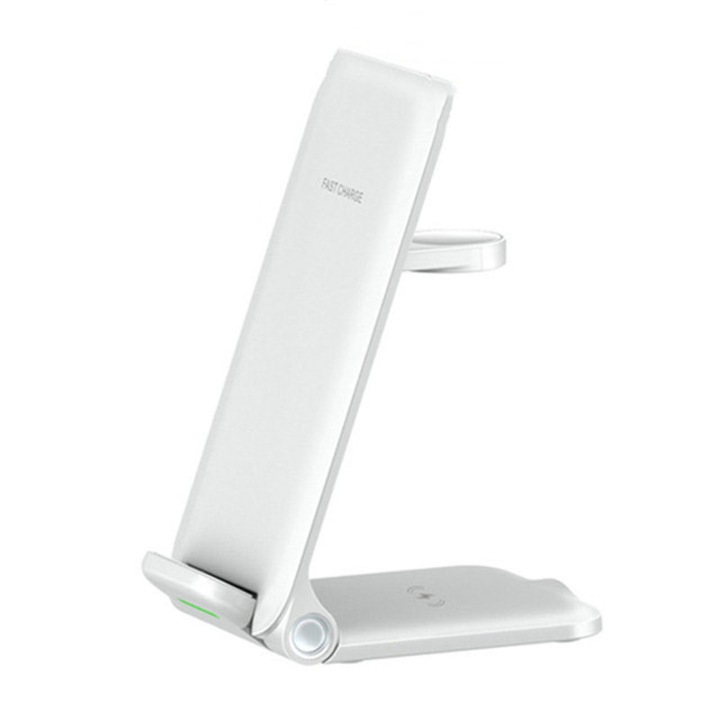Suport 3 in 1 pentru Birou, Wireless Charging, Pliabil, OJD76, Alb