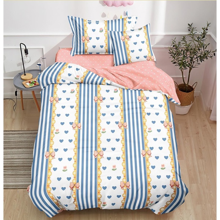 Lenjerie Pucioasa cu elastic, model cu inimioare, o persoana, 140x200 cm, finet, multicolor