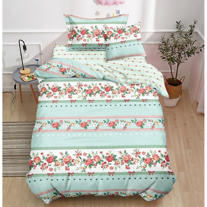 Lenjerie Pucioasa cu elastic, model cu flori, o persoana, 140x200 cm, finet, multicolor