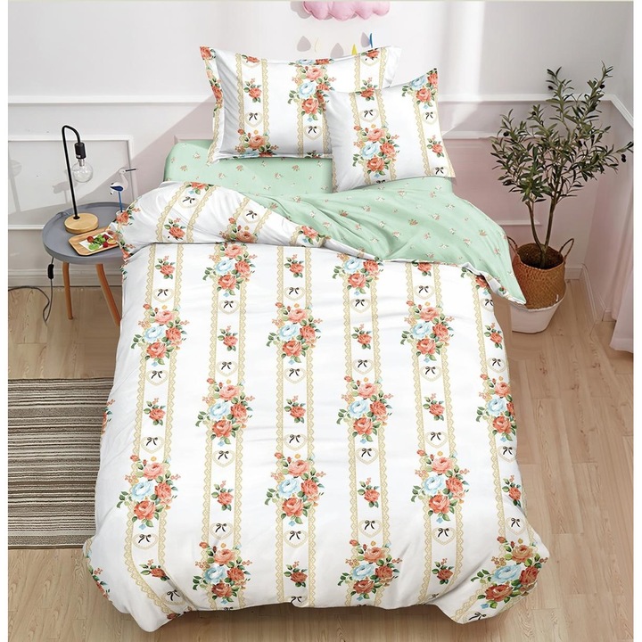 Lenjerie Pucioasa cu elastic, model cu floricele, o persoana, 140x200 cm, finet, multicolor