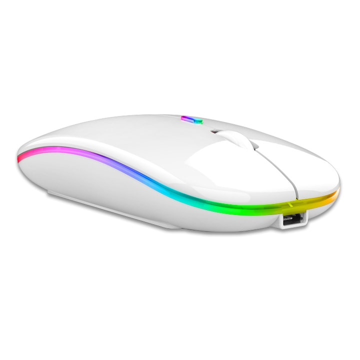 Безжична мишка Kinsi, Bluetooth, USB, 2.4Ghz, 1600 dpi, LED RGB, Бял