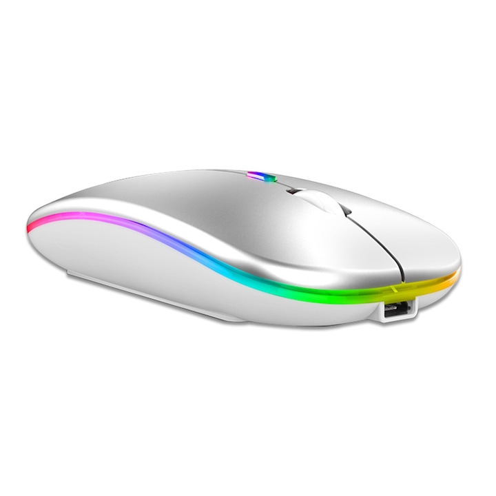 Безжична мишка, Bluetooth, USB, 2.4Ghz, 1600 dpi, LED RGB, KINSI, Сребриста