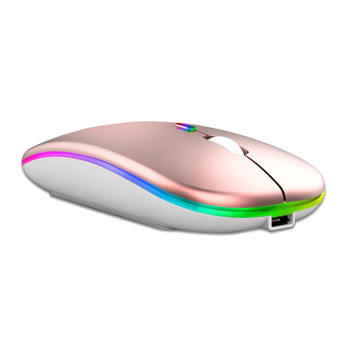 Безжична мишка KINSI, Bluetooth, USB, LED RGB, Розово злато, 2.4Ghz, 1600 dpi