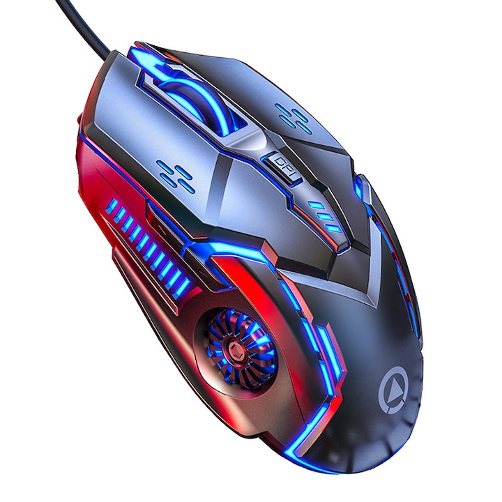 Gamer egér, vezetékes, USB, 7 fényeffektus, 3200 dpi, KINSI, szürke