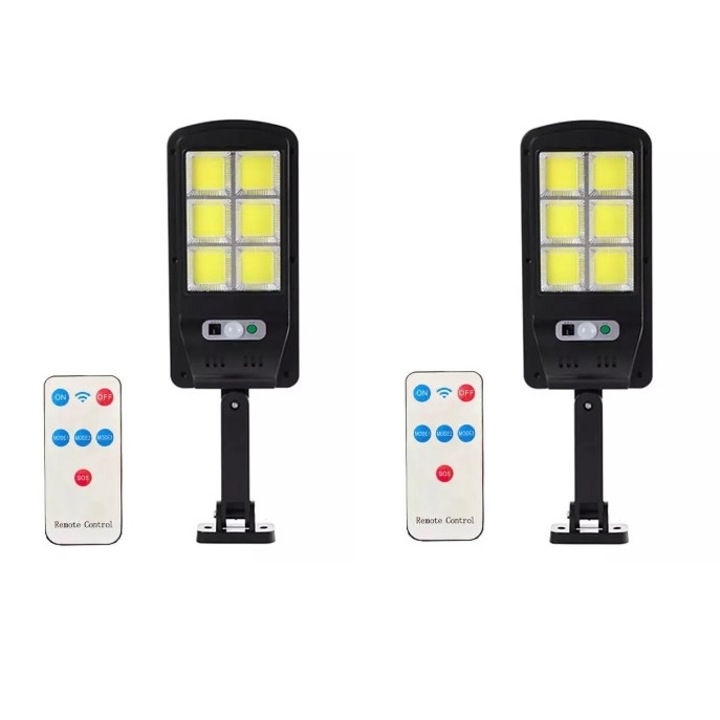 Комплект от 2 X соларна лампа 6COB 96 LED, сензор за светлина, сензор за движение, 3 режима на осветяване, включено монтажно рамо, дистанционно управление с множество функции, IP67 водоустойчив, черен