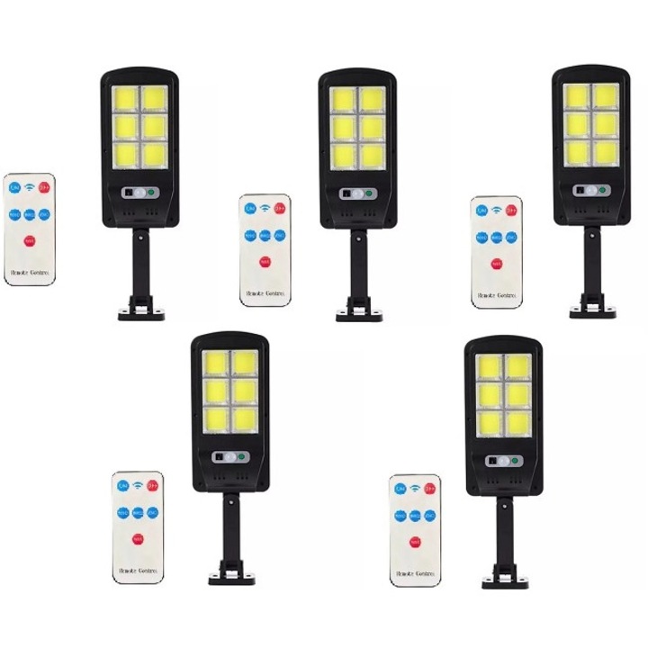 Set 5 X Lampa Solara 6COB 96 LED, Senzor de Lumina, Senzor de Miscare, 3 Moduri de Iluminare, Brat de Montare Inclus, Telecomanda cu Functii Multiple, IP67 Wateproof, Negru