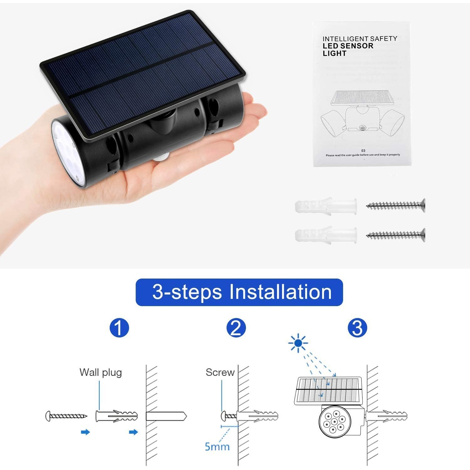Външни соларни лампи, 2 бр., със сензор за движение, въртяща се глава ...