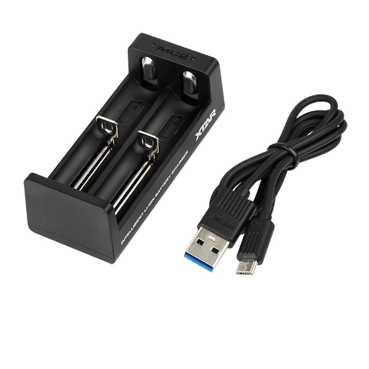 Li-Ion akkumulátortöltő 2 x 18650 típusú, XTAR MC2 32019, 81 cm-es USB kábel, fekete