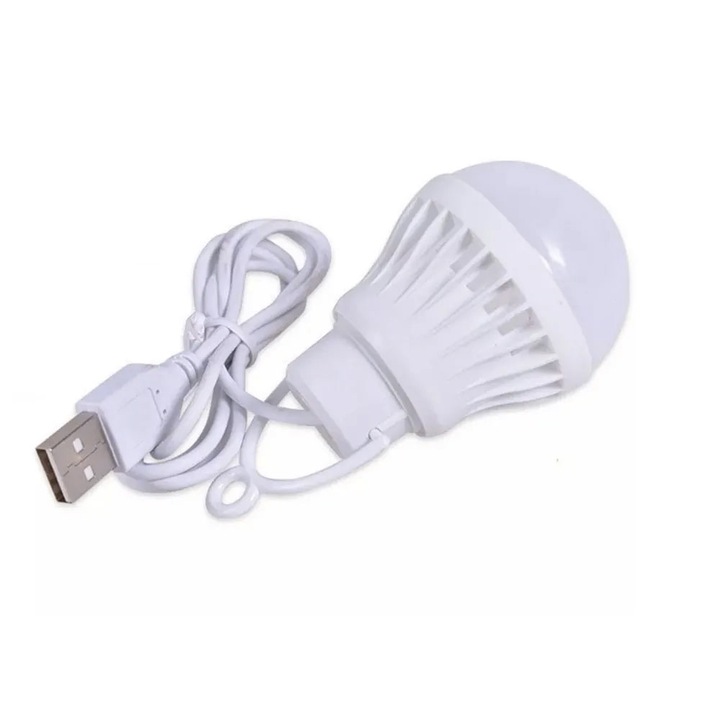 Bec Led cu USB, lumina alba, 5W, Cablu 1m, Lumina ambientala, Multifunctional, Plug and Play, Safety eye protection, Lumina calda, Alb