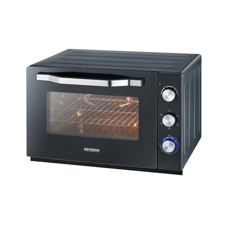 Cuptor electric cu convectie Severin, capacitate 60 l, temperatura reglabila, timer, convectie comutabila, oprire automata, semnal acustic, piatra inclusa pentru pizza, 4 niveluri de pozitionare a tavii, negru/ inox