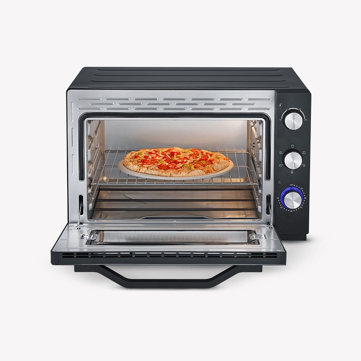 Cuptor electric cu convectie Severin, capacitate 60 l, temperatura reglabila, timer, convectie comutabila, oprire automata, semnal acustic, piatra inclusa pentru pizza, 4 niveluri de pozitionare a tavii, negru/ inox