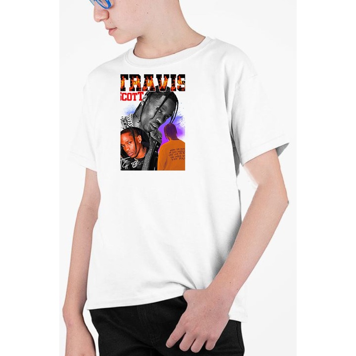 Tricou personalizat pentru copii cu imprimeu, Travis Scott model 3, Bumbac, Alb, 140-152 CM, 10 ani
