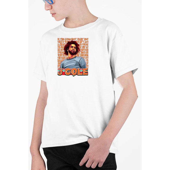 Tricou personalizat pentru copii cu imprimeu, J Cole, Bumbac, Alb, 128-140 CM, 8 ani