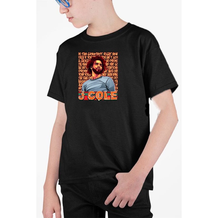Tricou personalizat pentru copii cu imprimeu, J Cole, Bumbac, Negru, 104-116 CM, 4 ani