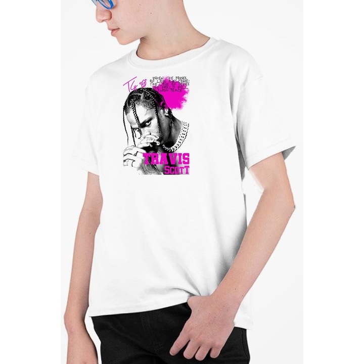 Tricou personalizat pentru copii cu imprimeu, Travis Scott model 2, Bumbac, Alb, 140-152 CM, 10 ani