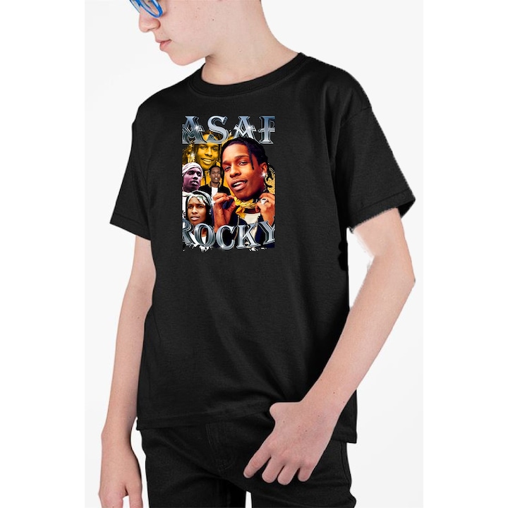 Tricou personalizat pentru copii cu imprimeu, ASAP Rocky model 5, Bumbac, Negru, 140-152 CM, 10 ani