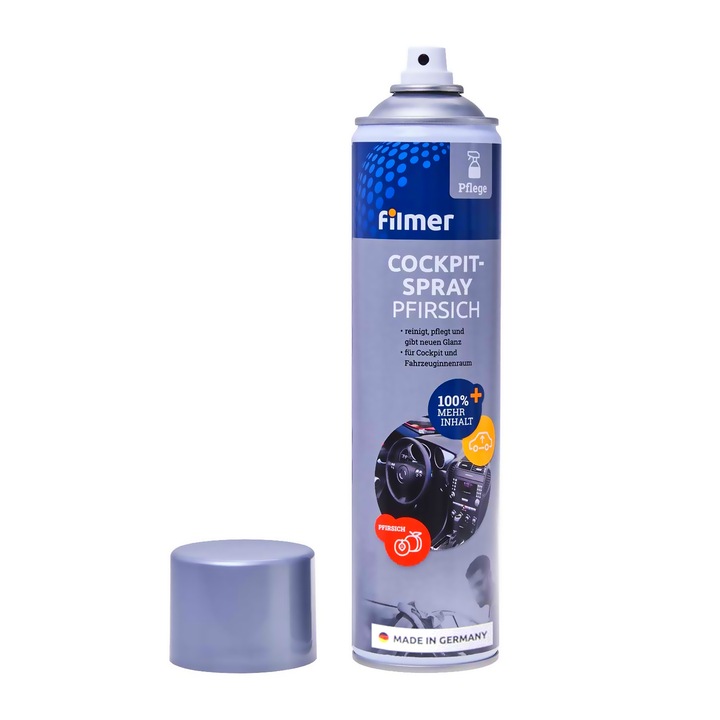 Spray intretinere bord Filmer, curata si reimprospateaza ornamente interior auto din plastic, lemn si imitatie piele, aroma Piersici 600ml