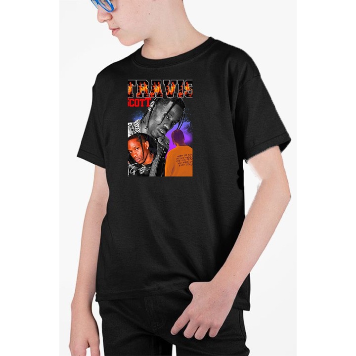 Tricou personalizat pentru copii cu imprimeu, Travis Scott model 3, Bumbac, Negru, 140-152 CM, 10 ani