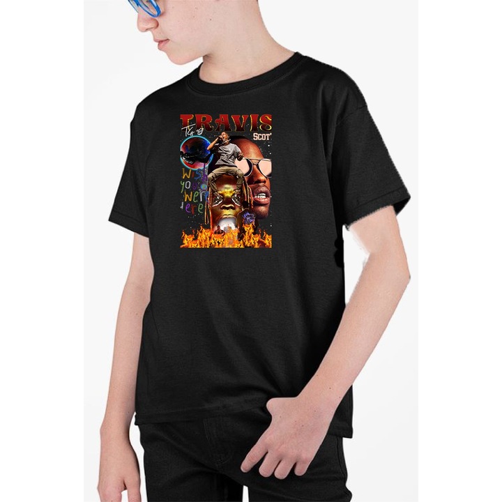 Tricou personalizat pentru copii cu imprimeu, Travis Scott model 1, Bumbac, Negru, 128-140 CM, 8 ani