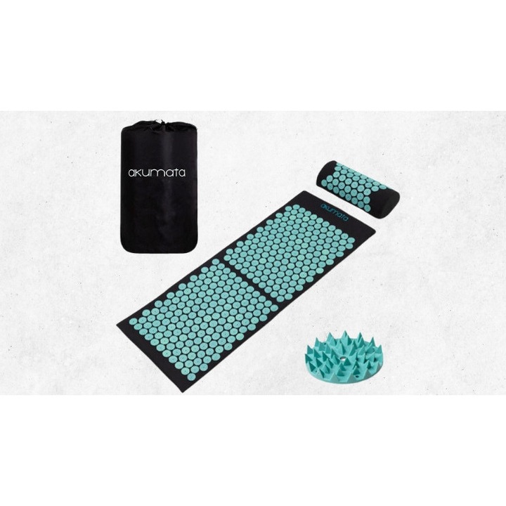 Covoras de presopunctura si masaj Akumata, lung, cu varfuri, pentru ameliorarea durerilor de spate, gat, stres, insomnie, relaxare profunda, acupunctura, terapie naturala, bumbac/ABS, Negru/menta