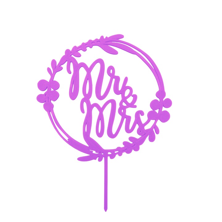 Torta topper díszítés "Mr és Mrs" kerek, világos lila 13 cm