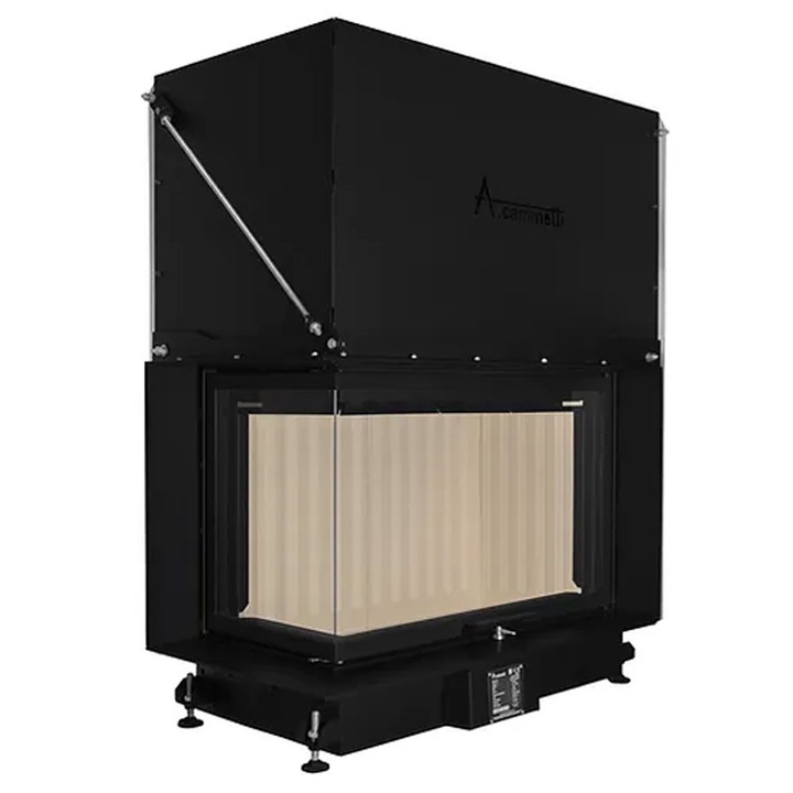 Focar semineu pe lemne model A-CAMINETTI QUATTRO 90L German Edition, 2 laturi sticla, usa relevabila, 14 kW putere maxima, 87% randament, 1300 x 735 x 1123 mm