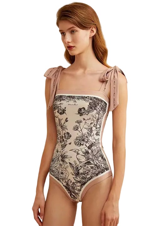 Дамски цял бански, нежен флорален десен, закопчаване с широки презрамки, EFAYN, Крем