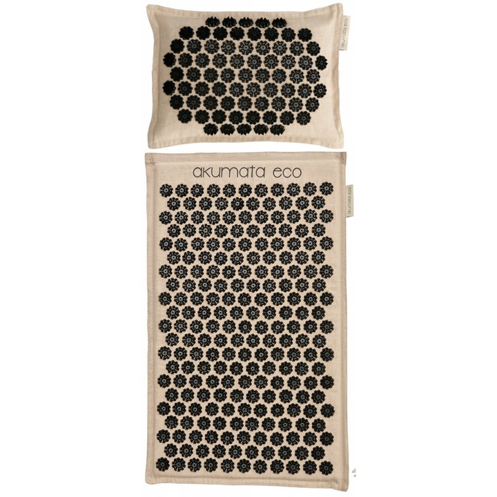 Covoras ecologic de presopunctura cu perna si geanta, Bumbac/ABS, Akumata ECO, Negru/Bej