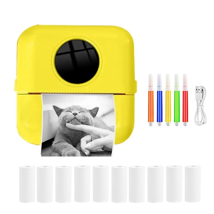 Мини термопринтер Kinsi, с 10 хартиени ролки, с цветни химикалки, Bluetooth, iOS/Android съвместим, APP печат, KINSI, жълт