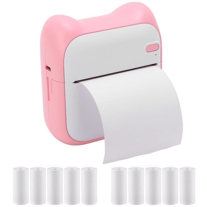 Set Mini imprimanta termica, oein®, Bluetooth, 10 role hartie 57x25mm, compatibil iOS/Android, imprimare APP, 200DPI, 1000 mAh, Incarcare USB, Portabil, Alb/Roz