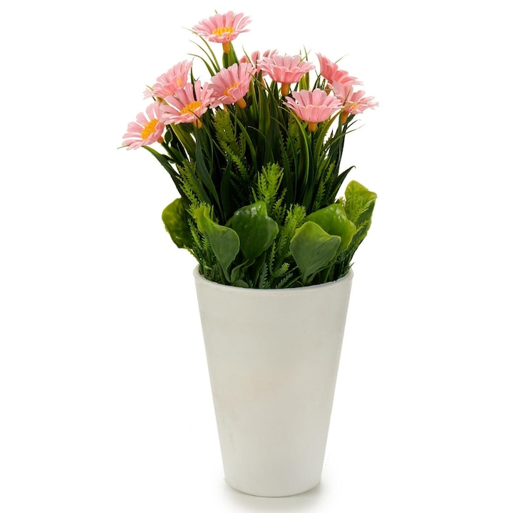 Изкуствени цветя, маргаритки в бяла саксия 10х22 см, розови