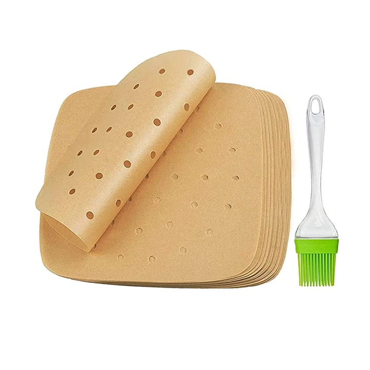 Set 100 captuseli pentru friteuza cu aer, Hartie de pergament perforata, 21.5x21.5cm, Maro