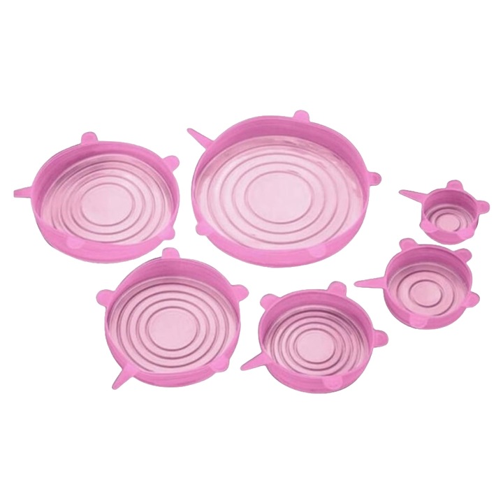 Set 6 capace flexibile din silicon, diferite dimensiuni, reutilizabile, elastice, roz transparent
