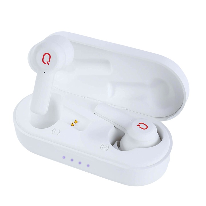 QERE® E20 vezeték nélküli fülhallgató, érintőképernyős vezérlés, Bluetooth 5.3, 6 órás autonómia, vízálló, univerzális, fehér