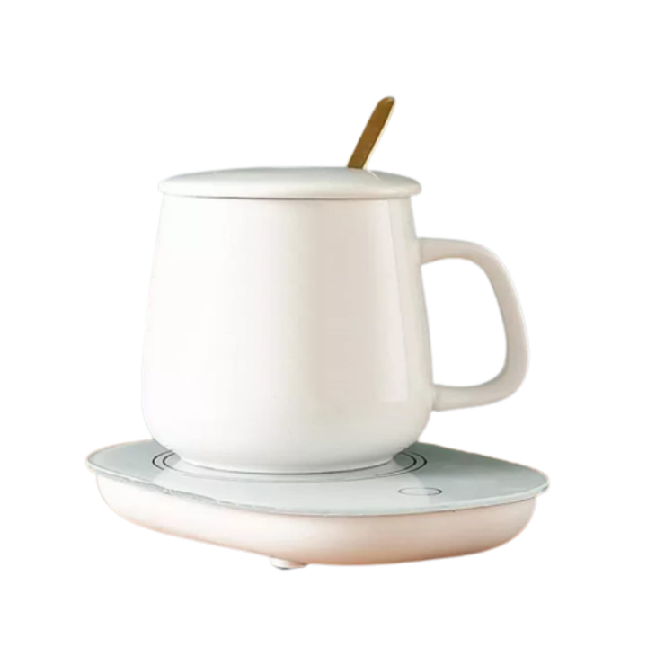 Cana inteligenta din ceramica 350ml, capac si lingurita, 55 grade constant, Alb