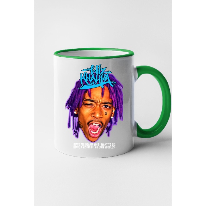 Cana personalizata cu imprimeu Rap edition -Wiz Khalifa I have an idea of who I want to be, Ceramica, 330 ml, Maner si interior Verde