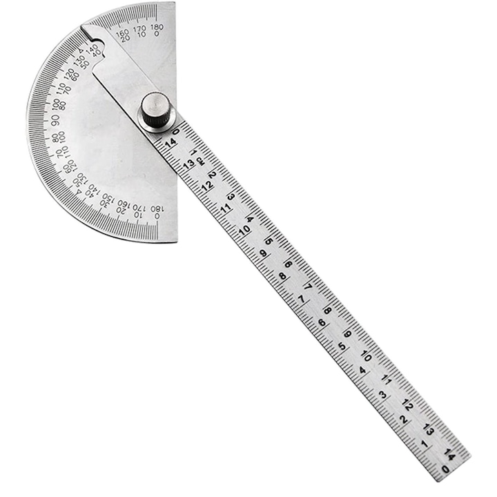 Rigla cu raportor, Inox, 0-180 grade, 14 cm, Argintiu